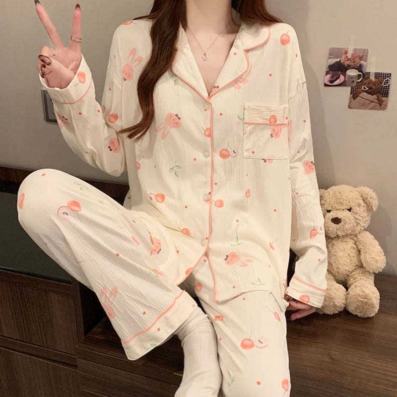 Pink Bow Dtie Design Pajamas for Women Long Sleeve Top & Elastic Waist Pants Pajamas Set Style Casual New Home Wear