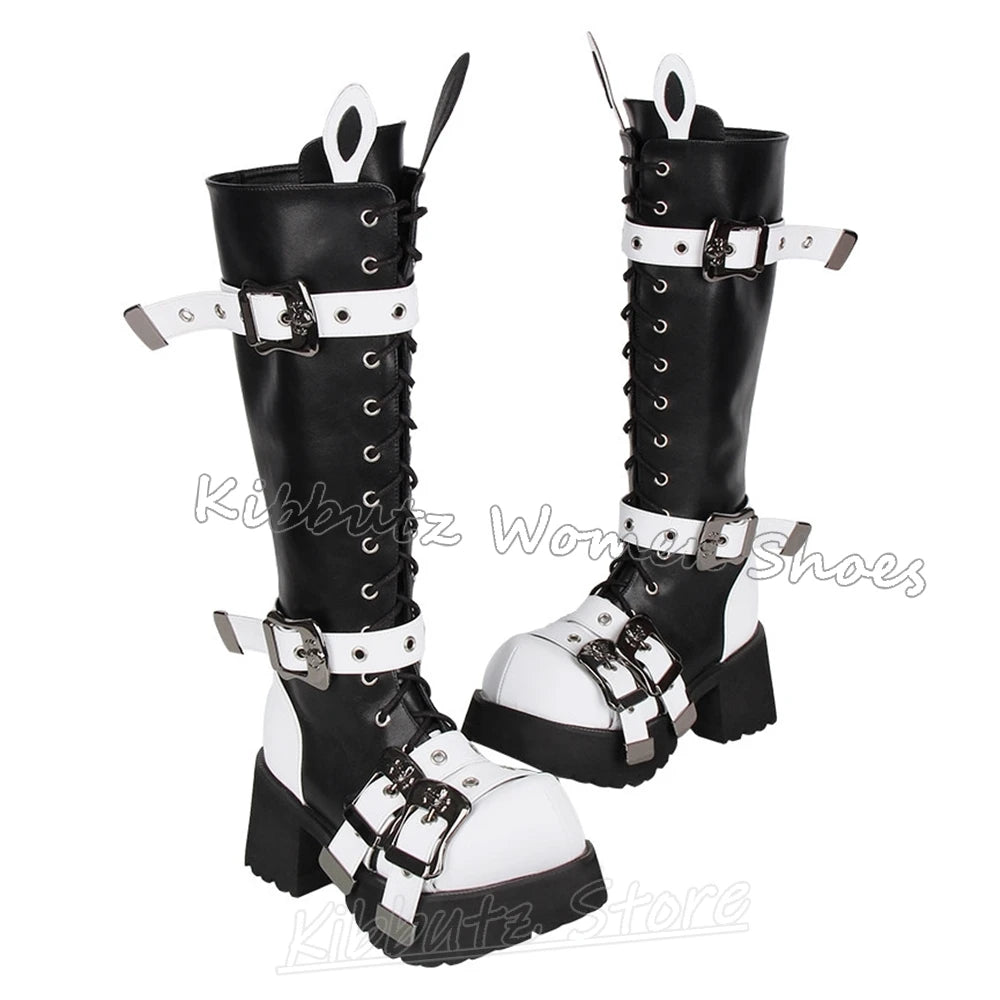 Luxury Knee High Platform Boots Rabbit Shape Chunky Heels
