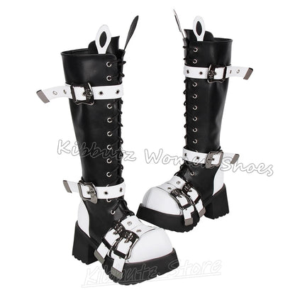 Luxury Knee High Platform Boots Rabbit Shape Chunky Heels