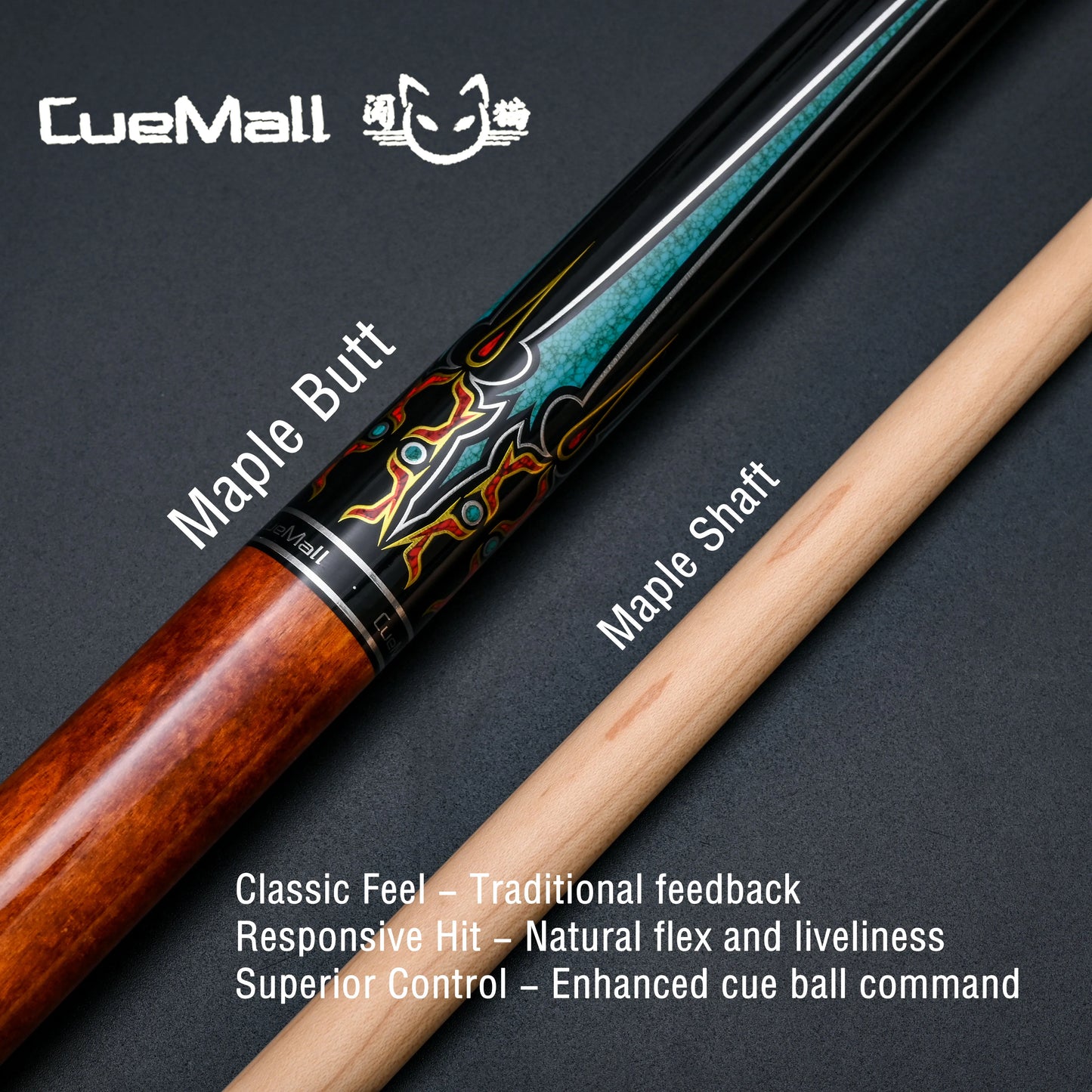 Two pool cues with 'CueMall' branding on a dark background