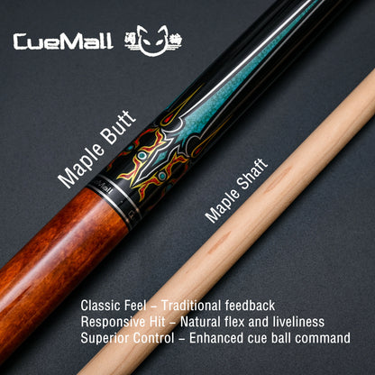 Two pool cues with 'CueMall' branding on a dark background