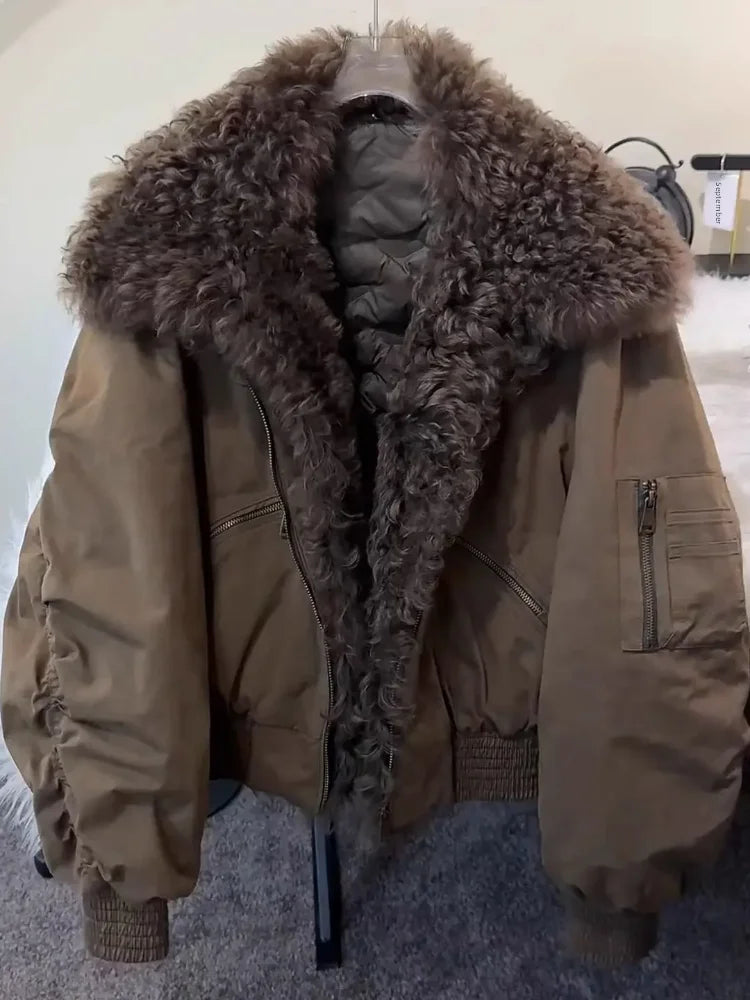 American Thiened Cotton Jacket Women's Loose Workwear Coat with Large Fur Collar Winter