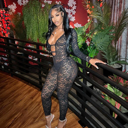 Black Lace Bodysuit | See-Through Long Sleeve Club