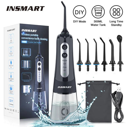 INSMART dental water flosser with packaging, nozzles, and charging cable on a white background