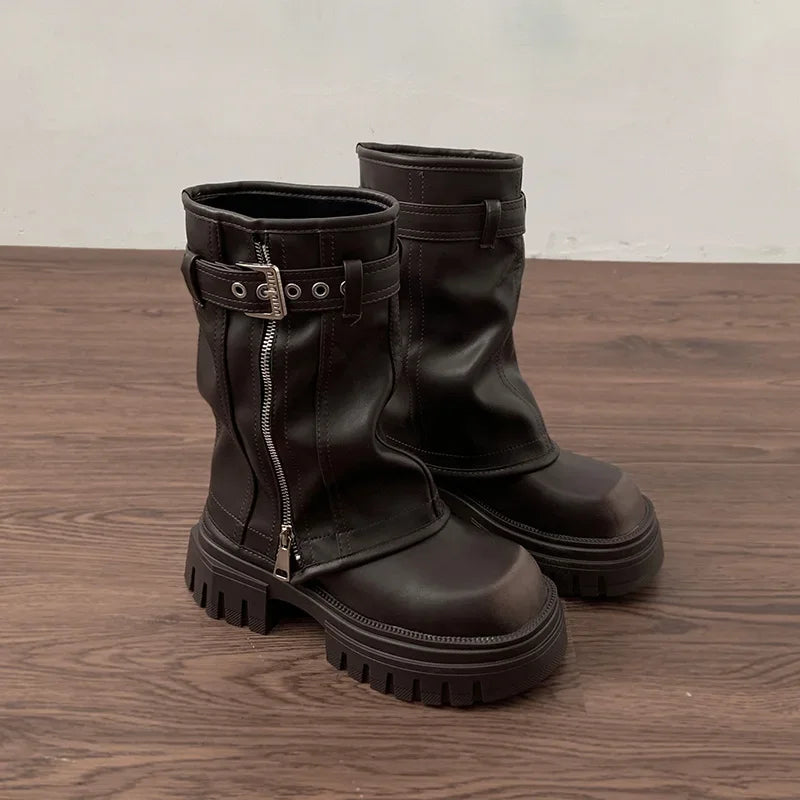 Winter Women Biker Boots Fashion Belt Buckle Ladies Elegant Platform Flats Short Booties Casual Women's Knight Booties