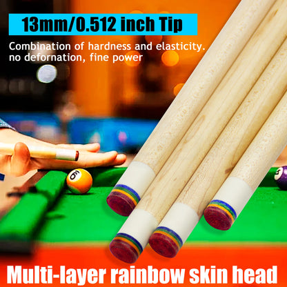 Pool cues with rainbow skin heads on a pool table, text about cue tip specifications.