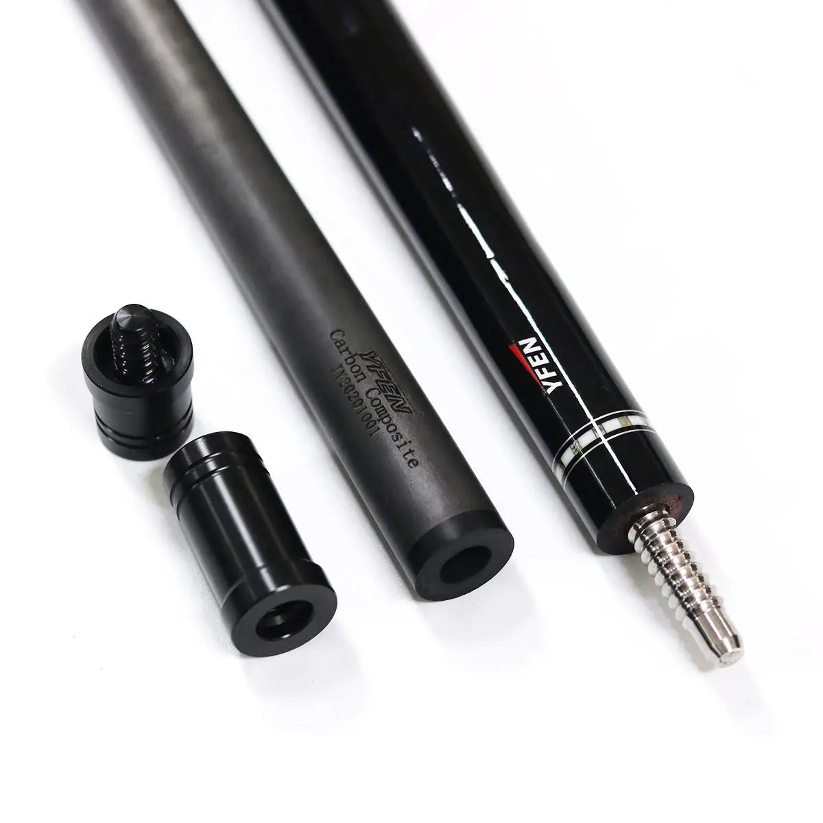 Black and silver pen components on a white background
