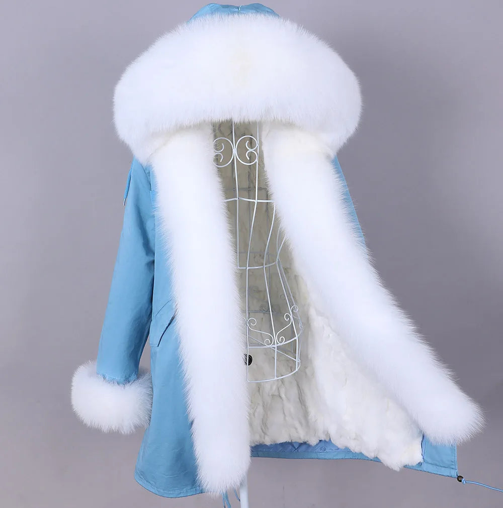 MAOMAOKONG 2023 Abnehmbarer Echtfuchs Pelzkragen Mäntel Damen Winterjacke Kapuze Kaninchenfellfutter Lange Parkas Damenbekleidung