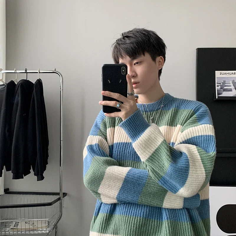 Men's Casual Loose Knitted Sweater Autumn Winter New Sle Lazy Faion Trend Stripe Knitwear Comfortable Base Layer Woolen S...
