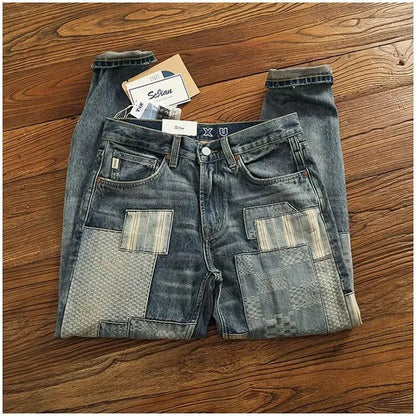 Herbst und Frühling Neuer Modetrend Bedruckte Zerrissene Straight Leg Jeans Herren Lässige Loose Vintage Sport High-End Denim Hose