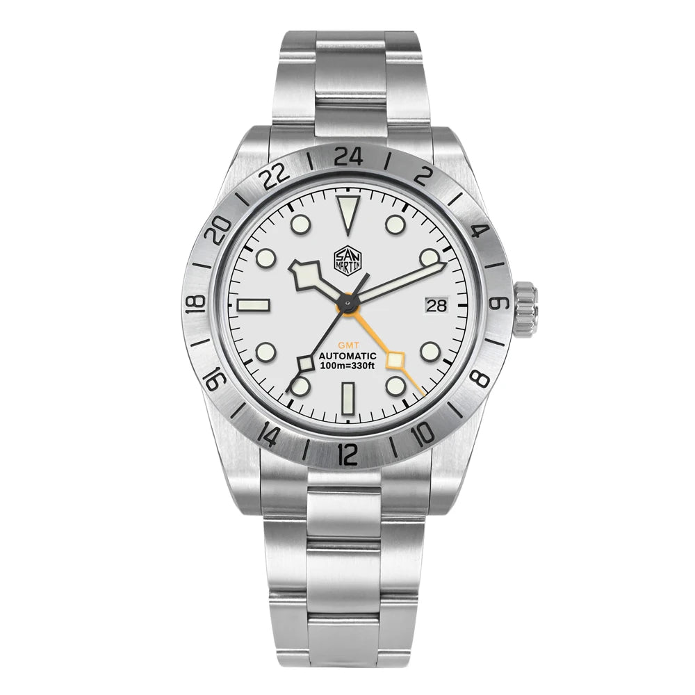 Silver watch with a white face on a white background