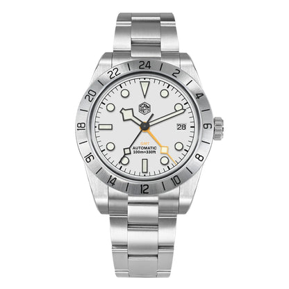 Silver watch with a white face on a white background