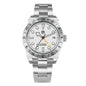 Silver watch with a white face on a white background
