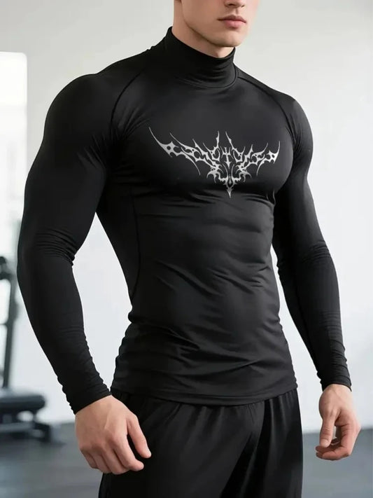 Herren Gothic-Print schnelltrocknendes Langarm-Fitness-Workout-Stretch-Enges Top Stehkragen atmungsaktives Trainings-T-Shirt S-3XL