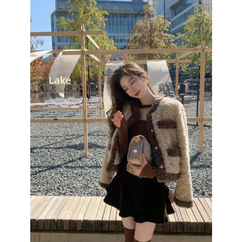 Warm ort Lamb Fur Jaet Women's Autumn Winter Thiened Korean Loose Sle Top Button Design Commute Sle Ladies Coat