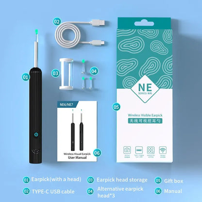 Wireless earpick set with packaging and accessories on a blue background