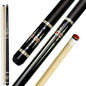 Set of pool cues with black and wooden handles on a white background