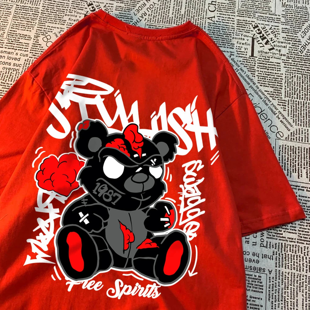 Explodierende schwarze Puppenbär-Männer-Frauen-T-Shirts Hochwertige Baumwolltops Sommer Locker T-Shirts Einfachheit Atmungsaktive Streetwear