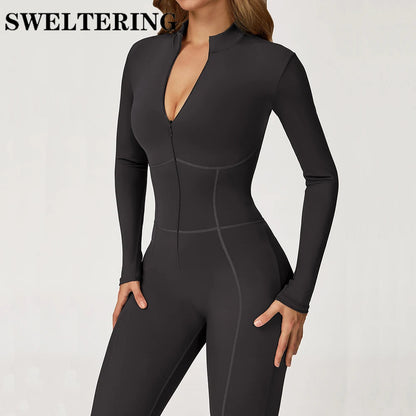 Women Gym Workout One-Piece Zipper Yoga Jumpsuit Outdoors Tracksuits Fitness Sports Bodysuit Female Running Sports Sexy Jumpsuit