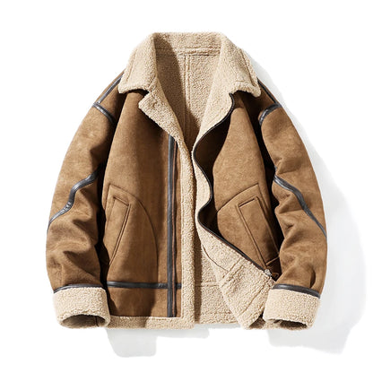 American Retro Fur One Piece Coat Men's Winter Thickened and Fleece Leather Jacket Air Force Pilot Lamb Fleece Leather Jacket