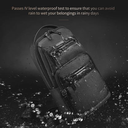 Black backpack with water droplets on a dark background, emphasizing waterproof feature.