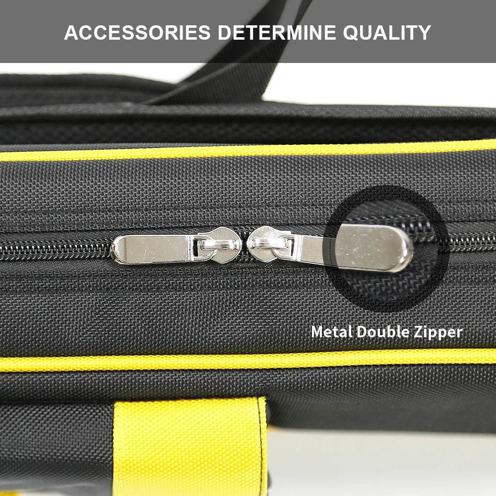 Close-up of a black bag with a metal double zipper and yellow accents, with text 'Accessories Determine Quality' and 'Metal Double Zipper'.