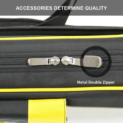 Close-up of a black bag with a metal double zipper and yellow accents, with text 'Accessories Determine Quality' and 'Metal Double Zipper'.