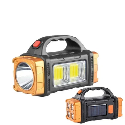 2024 Powerful LED Flashlight USB+Solar Rechargeable Flashlight COB Outdoor Camping Torch Portable Searchlight Power Bank Outdoor