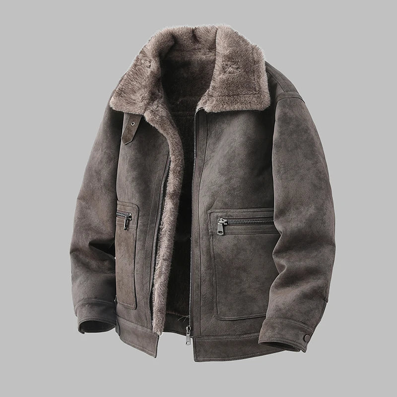 High-quality men's fashionable and stylish new fur integrated men's trendy, thickened suede velvet motorcycle loose jacket