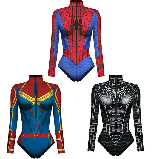 Spiderman Ganzkörperanzug für Damen und Herren, Captain Superheld Overall, 3D-Druck, Langarm Badeanzug, Halloween Karneval Cos