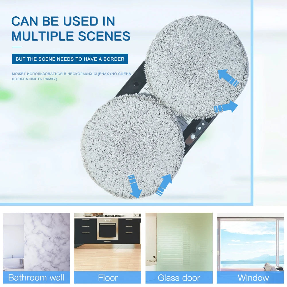 Cleaning tool with two circular pads used in various settings like bathroom, floor, glass door, and window.