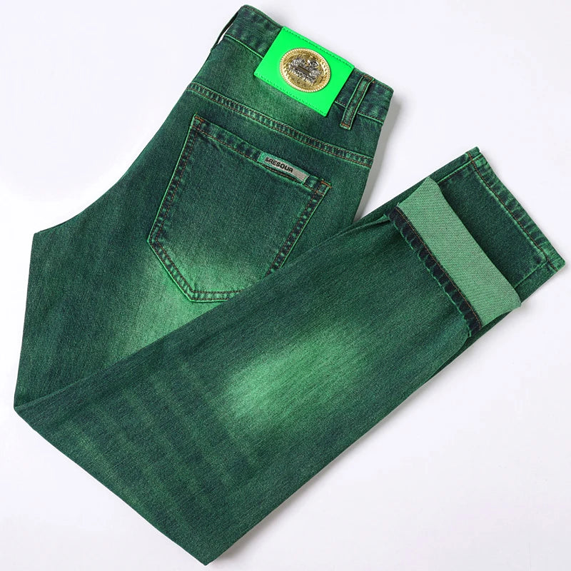 Emerald Green Jeans High-End Embroidery Slim Straight Denim Pants