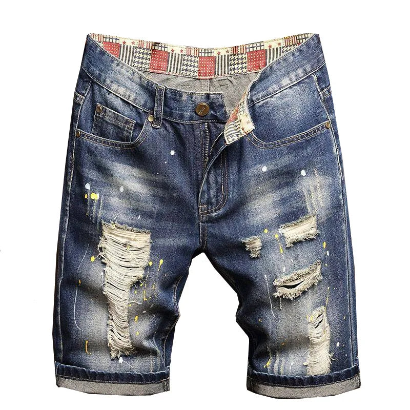 Herren Blaue Denim Shorts Mode Casual Jeans Kurze Hosen mit Taschen zerrissen und Kratzer Dekoration Asiatische Größe 28-40 42 44 46 48