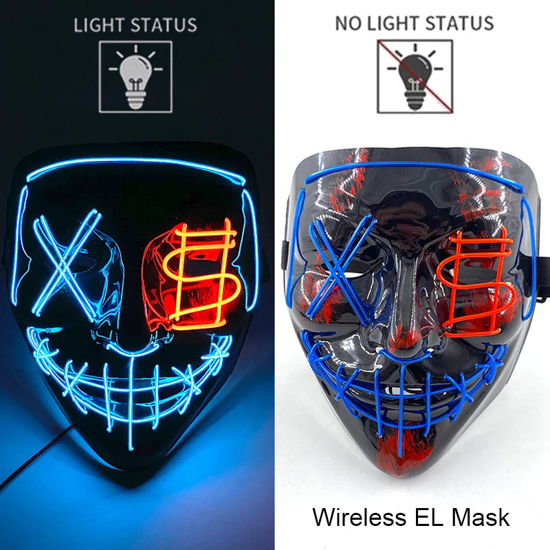 Drahtlose Neon-LED-Reinigungsmaske, im Dunkeln leuchtende Cosplay-Horrormaske, Halloween-Maskerade-Partymasken, leuchtende, lustige Verkleidung