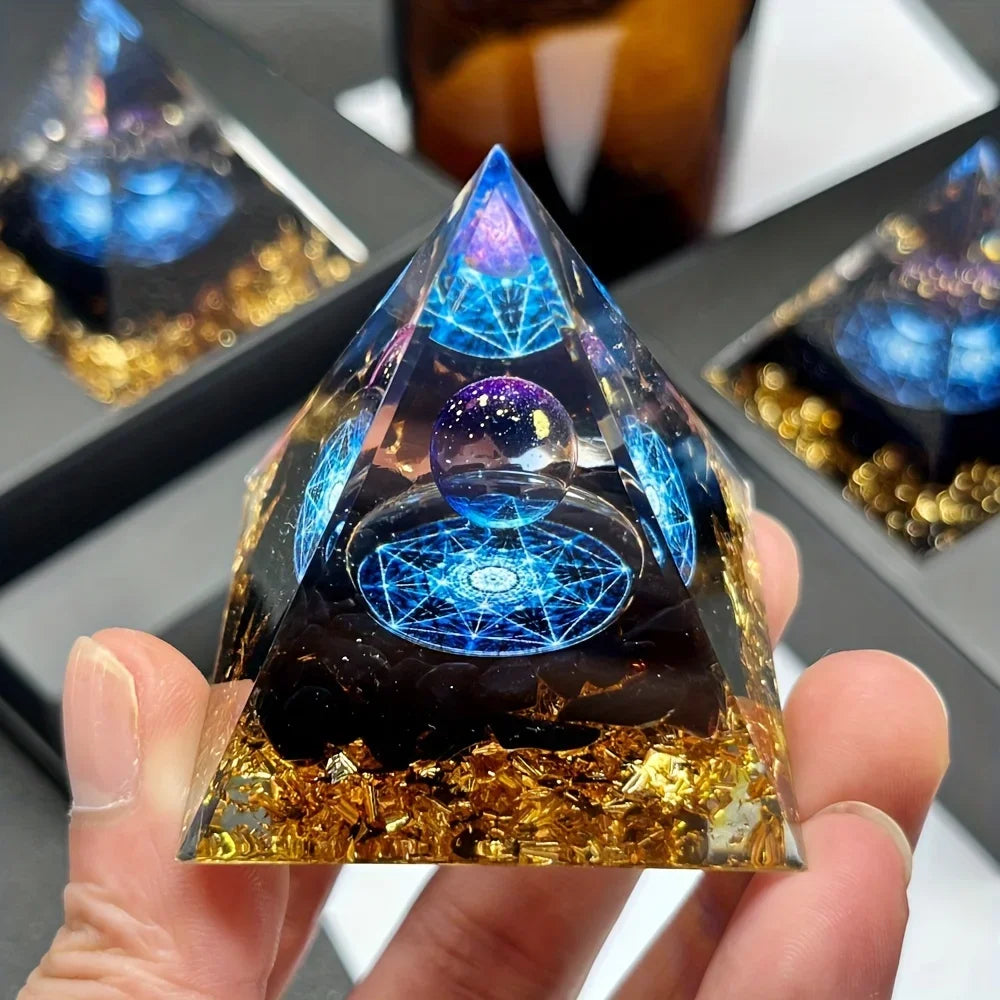 Lapis Lazuli Ball & Pyramid Crystal - Golden Base Decor
