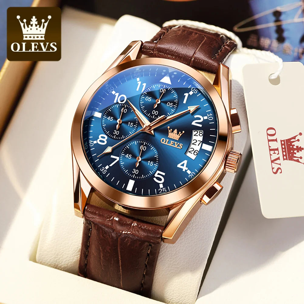 OLEVS Quartz Watch for Men Original Leather Strap Date