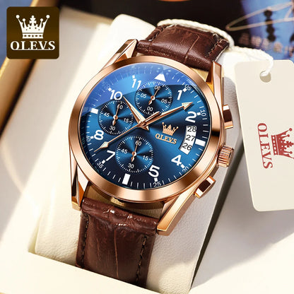 OLEVS Quartz Watch for Men Original Leather Strap Date