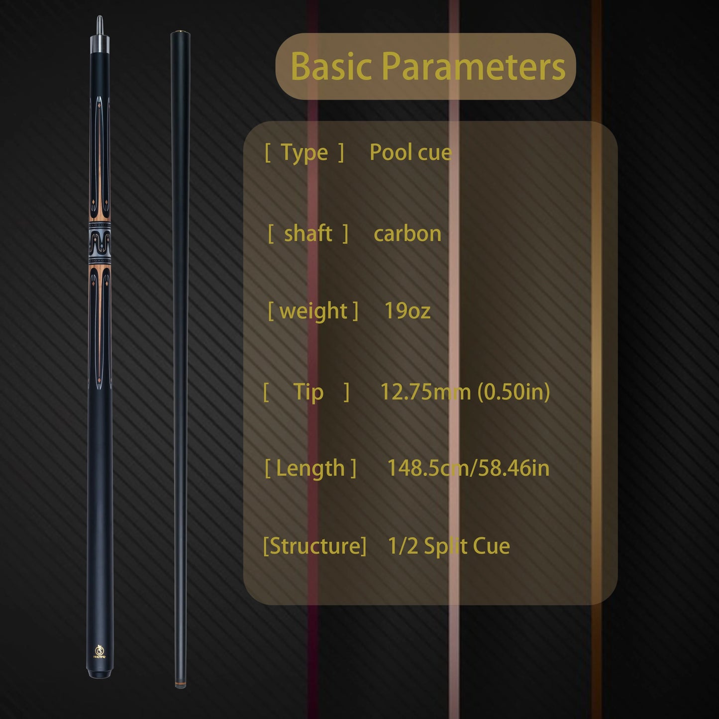 12.75mm High-Quality Multi-Layer Tip Black Tech Composite Carbon Fiber Glass Cue Stick with Dazzling Metal Patterns, Stainless S