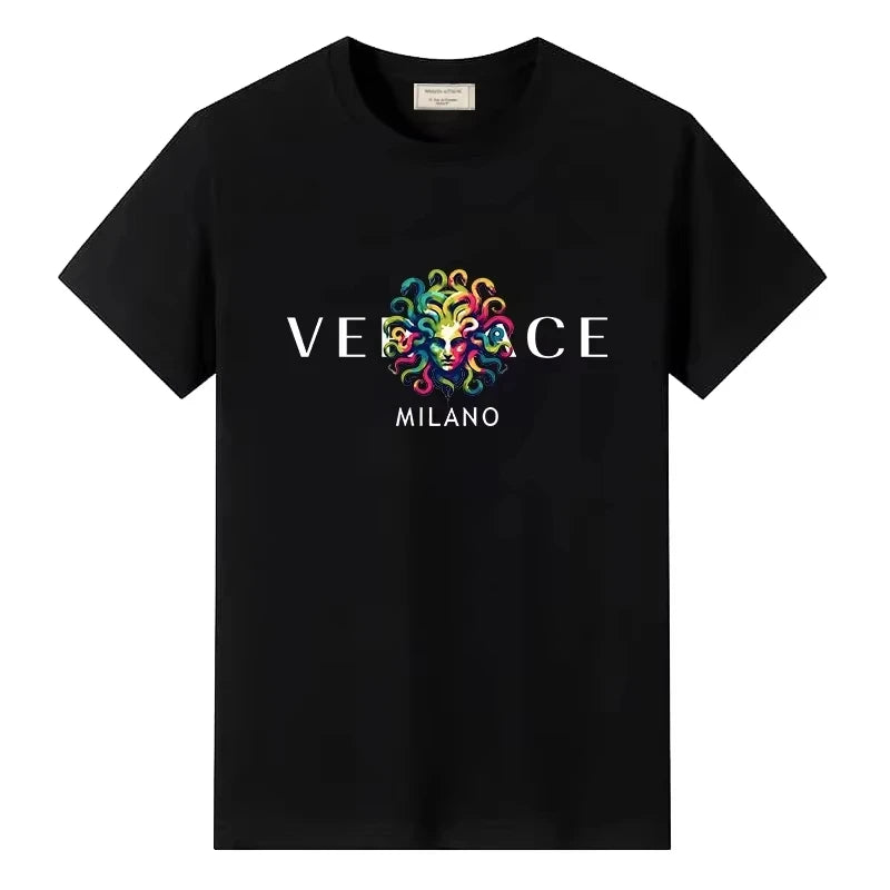 Black t-shirt with colorful 'Versace Milano' logo on a white background