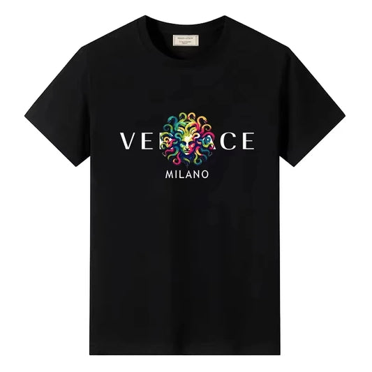Black t-shirt with colorful 'Versace Milano' logo on a white background