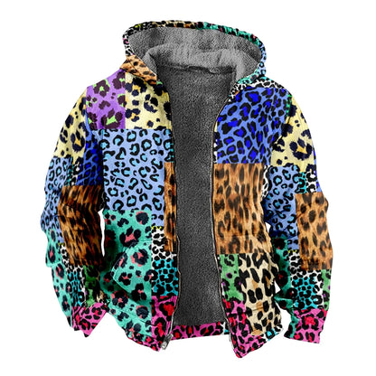 Herbst Winter Fleece Zip-Up Hoodies Original Leopard Patchwork Digitaldruck Herren Parka Mantel Jacken Oberbekleidung Sweatshirts Street