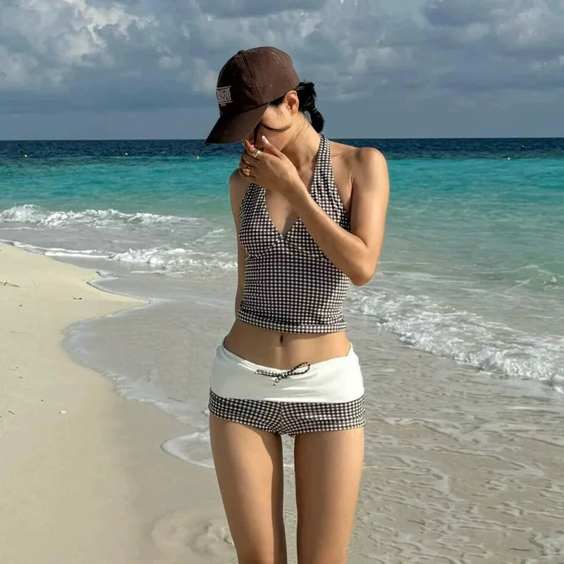 Deep V High-Waist Checkered Bikini Swimsuit