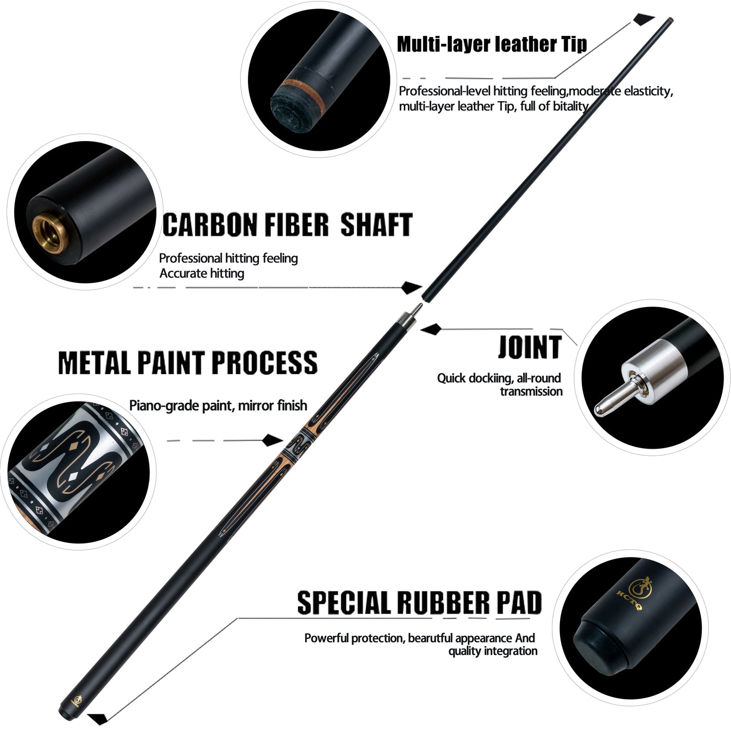 12.75mm High-Quality Multi-Layer Tip Black Tech Composite Carbon Fiber Glass Cue Stick with Dazzling Metal Patterns, Stainless S