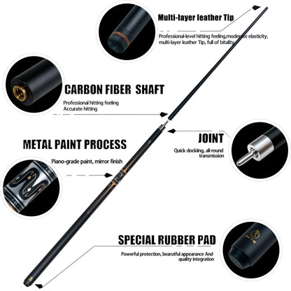 12.75mm High-Quality Multi-Layer Tip Black Tech Composite Carbon Fiber Glass Cue Stick with Dazzling Metal Patterns, Stainless S