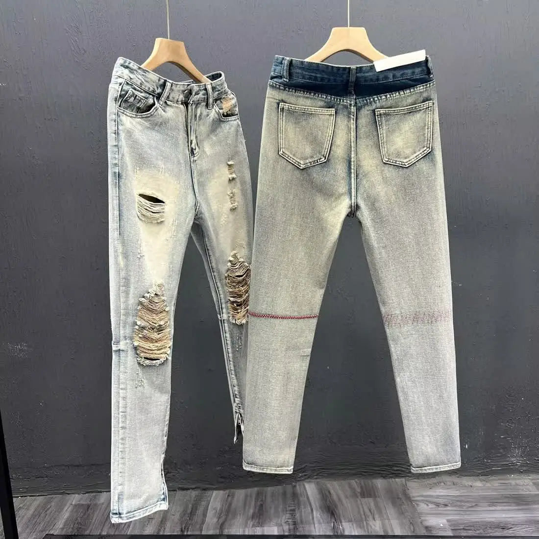 Designer Washed Destroyed Embroidered Slim Jeans Casual Clothing