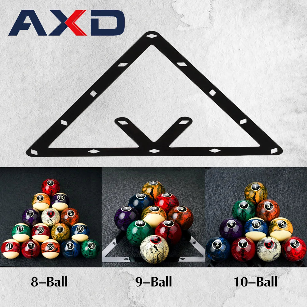 Pool ball triangle rack with AXD branding on a textured gray background