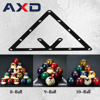 Pool ball triangle rack with AXD branding on a textured gray background