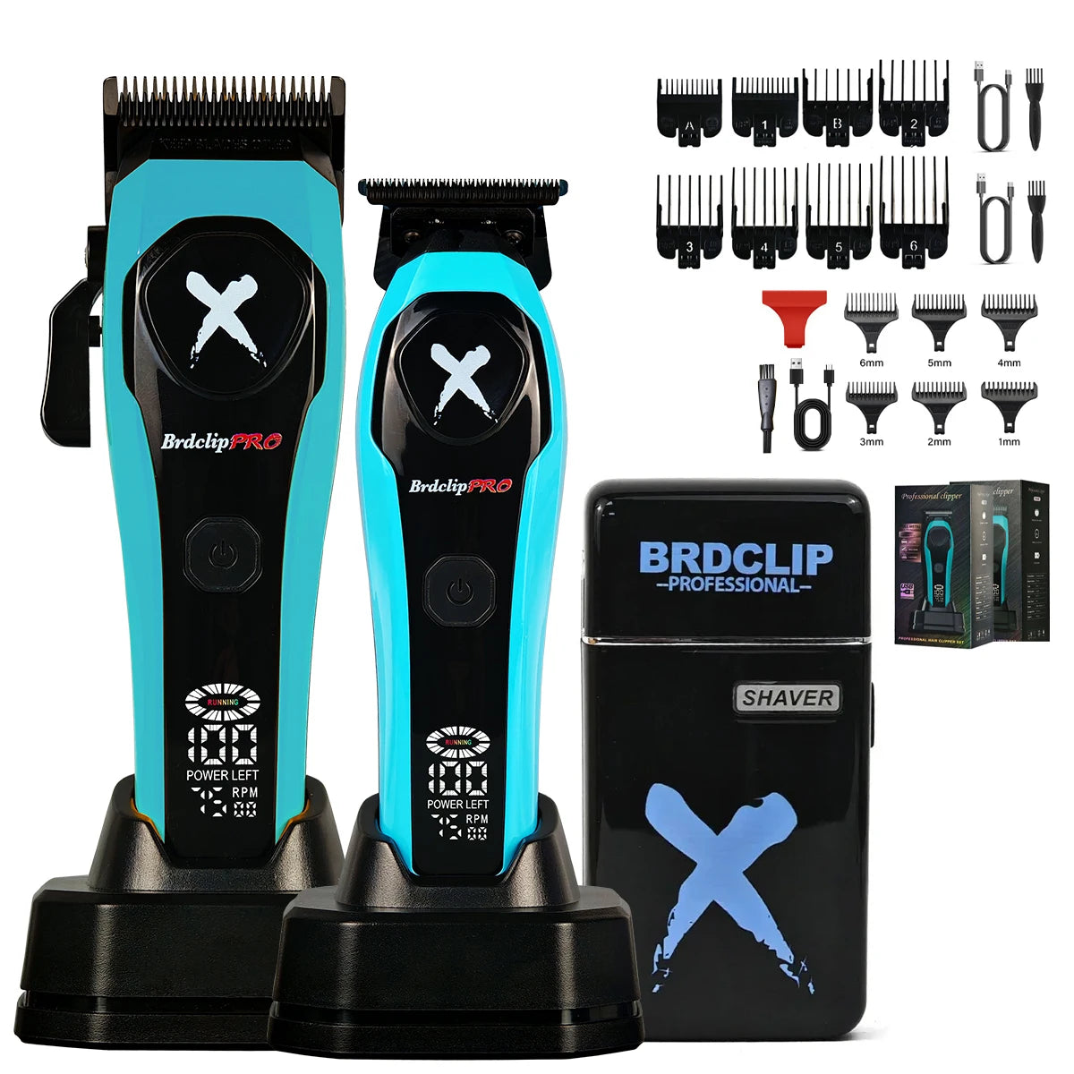 BrdclipPRO hair trimmer set with attachments on a white background