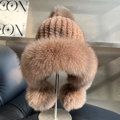Real Mink Fur Hatfor Women Woven Fur Fisherman Hat With Fox Fur Ball  Thickened Warm Ear Protection Hat Hand Beanies Bonnets Cap