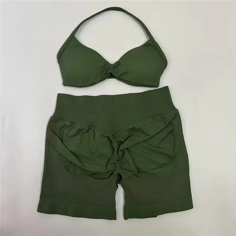 2Pcs Impacts Gym Set Tank Tops High Waist Scrunch Seamless Shorts Gym Suit Fitness Clothes Activewear Workout